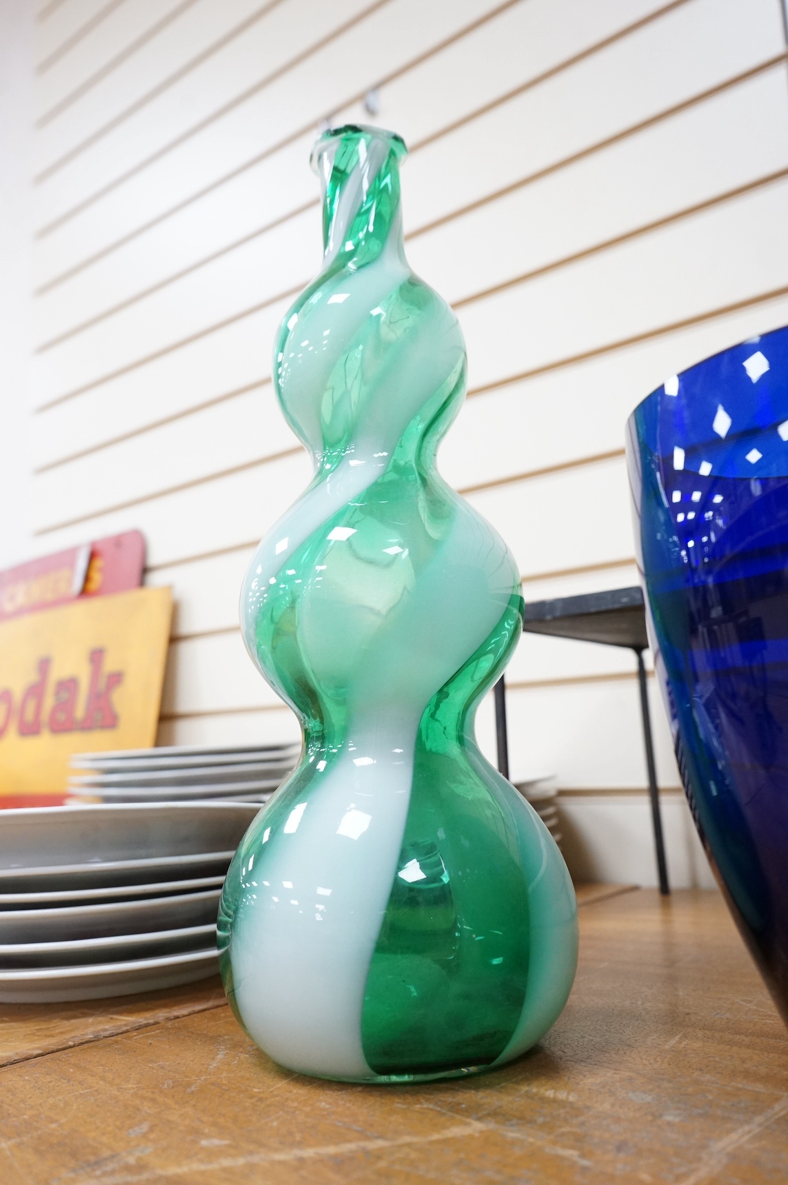 Two Italian Empoli glass bottles and two other vases, largest 40cm high. Condition - good